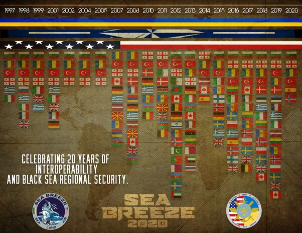 200724-N-OZ224-0001 BLACK SEA (July 24, 2020) Historical graphic of participating nations in exercise Sea Breeze since 1997. Sea Breeze is an annual U.S.-Ukrainian co-hosted exercise designed to enhance interoperability between participating nations and strengthen regional security.  (U.S. Navy illustration by Mass Communication Specialist 2nd Class Brandon Vinson/Released)