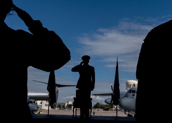 U.S. Air Force Col. Justin R. Hoffman, 58th Special Operations Wing commander, renders his final salute.