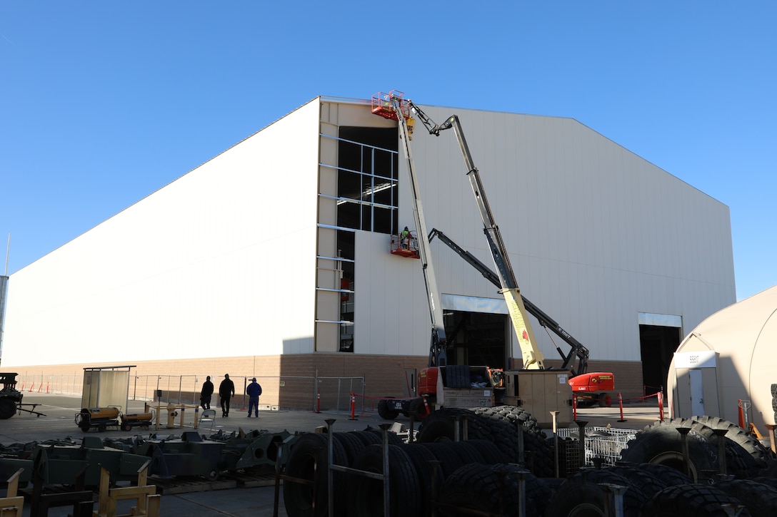 Contractors put final touches on Production Plant Barstow's new structure on the Yermo Annex aboard Marine Corps Logistics Base Barstow, Calif., July 24.