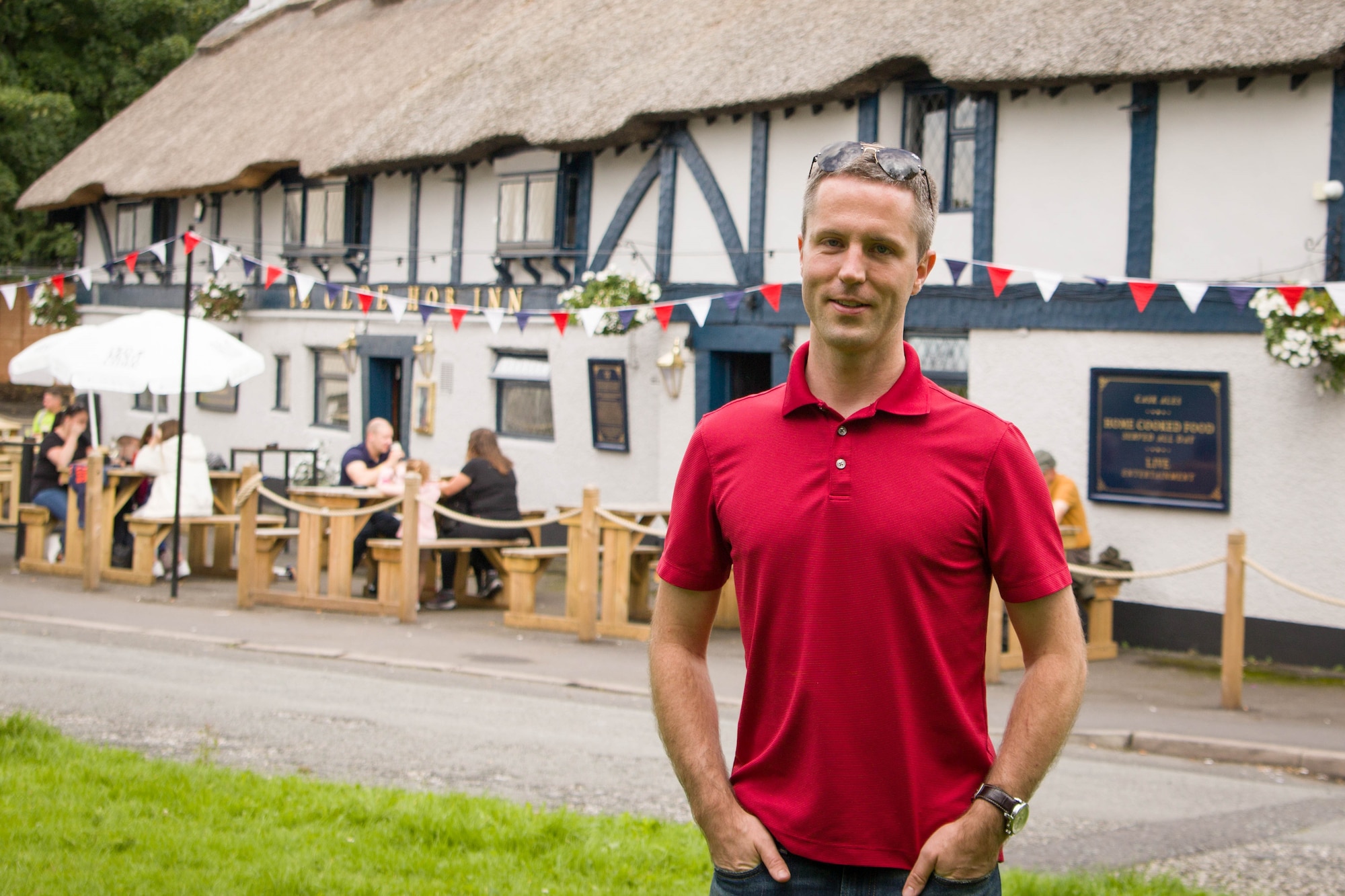 U.S. Air Force Capt. Hans Decker stands in front of Ye Old Hob Inn, the location of an incident of racial violence during World War II. The Battle of Bamber Bridge resulted in the racial integration of American MP patrols and the creation of the Air Force's first Combat Support Wing.