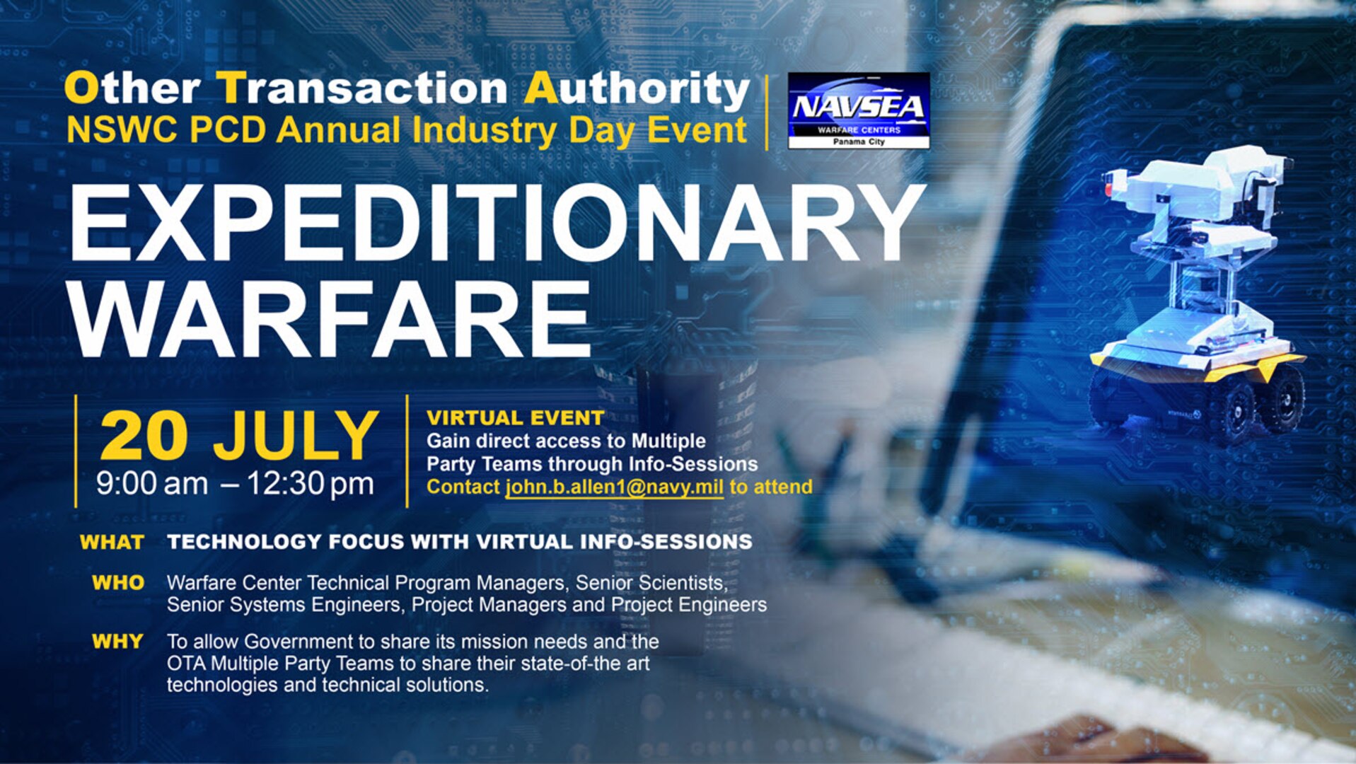 The Naval Surface Warfare Center Panama City Division (NSWC PCD) held their annual Other Transaction Authority (OTA) Industry Day event for expeditionary warfare virtually on July 20.