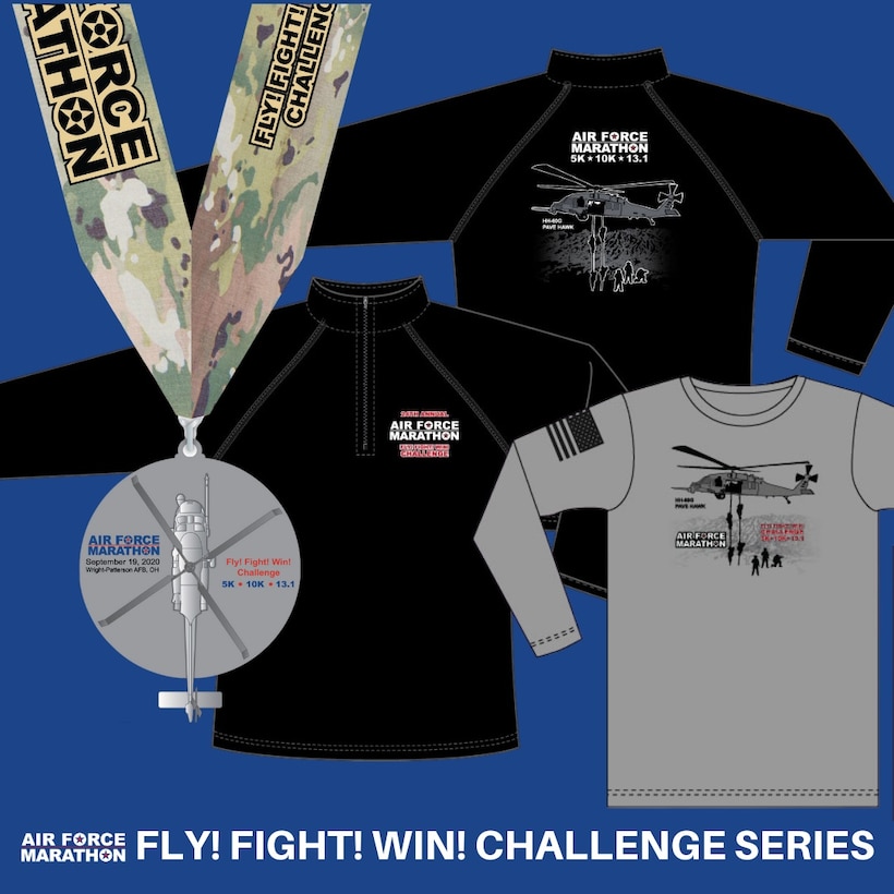 The Fly! Flight! Win! Challenge series is unique to the Air Force Marathon and consists of a combination of three races.  All series runners will participate in a 5K, 10K and the choice of the half marathon or marathon. Once complete, challenge series runners will receive their 2020 race bib, medals for all three races, a special Fly! Flight! Win! Medal with spinning rotors, a long sleeve official race shirt, and a special Fly! Fight !Win! quarter zip pullover. (Courtesy graphic)