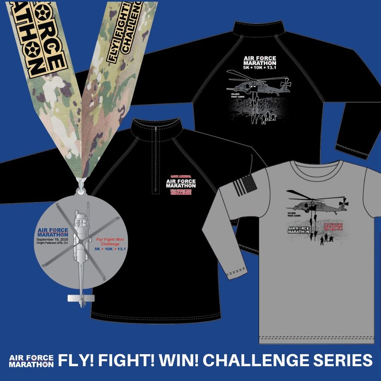 The Fly! Flight! Win! Challenge series is unique to the Air Force Marathon and consists of a combination of three races.  All series runners will participate in a 5K, 10K and the choice of the half marathon or marathon. Once complete, challenge series runners will receive their 2020 race bib, medals for all three races, a special Fly! Flight! Win! Medal with spinning rotors, a long sleeve official race shirt, and a special Fly! Fight !Win! quarter zip pullover. (Courtesy graphic)