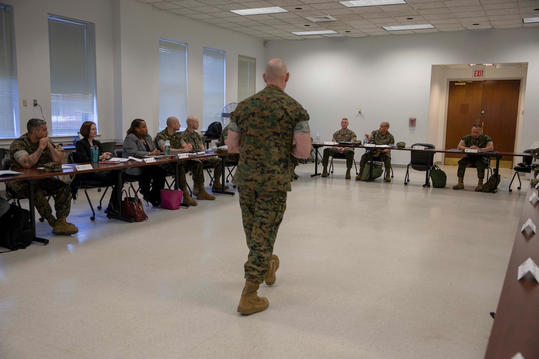 The 19th Sergeant Major of the Marine Corps, Sgt. Maj. Troy E. Black addresses subject matter experts invited to participate in the Focus Group Summit at Marine Corps Base Quantico, V.A., March 9, 2020. The summit was the second round of meetings to address three focus areas; health, wellness and fitness, Professional Military Education; and recruiting and retention. The three focus areas are Sgt. Maj. Black's priorities in line with the Commandant's Planning Guidance. (U.S. Marine Corps photo by Sgt. Victoria Ross)