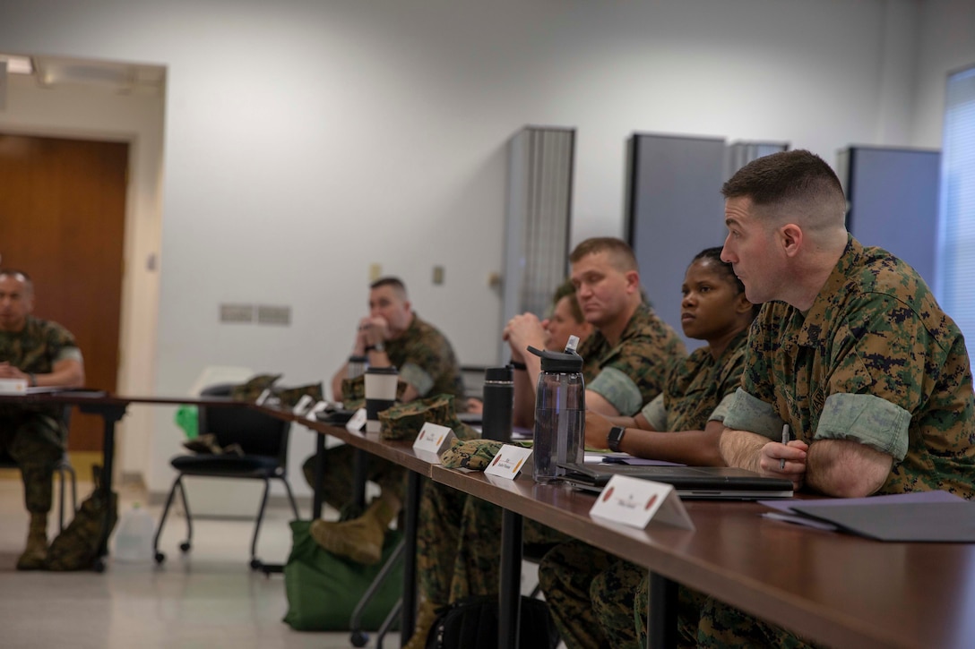 The 19th Sergeant Major of the Marine Corps, Sgt. Maj. Troy E. Black addresses subject matter experts invited to participate in the Focus Group Summit at Marine Corps Base Quantico, V.A., March 9, 2020. The summit was the second round of meetings to address three focus areas; health, wellness and fitness, Professional Military Education; and recruiting and retention. The three focus areas are Sgt. Maj. Black's priorities in line with the Commandant's Planning Guidance. (U.S. Marine Corps photo by Sgt. Victoria Ross)
