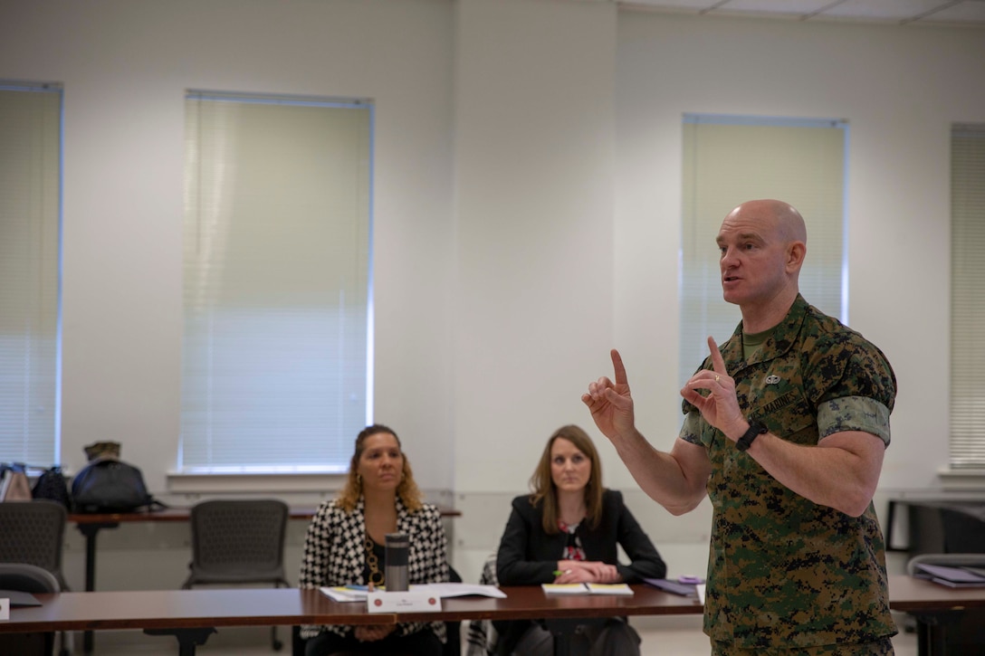 The 19th Sergeant Major of the Marine Corps, Sgt. Maj. Troy E. Black addresses subject matter experts invited to participate in the Focus Group Summit at Marine Corps Base Quantico, V.A., March 9, 2020. The summit was the second round of meetings to address three focus areas; health, wellness and fitness, Professional Military Education; and recruiting and retention. The three focus areas are Sgt. Maj. Black's priorities in line with the Commandant's Planning Guidance. (U.S. Marine Corps photo by Sgt. Victoria Ross)