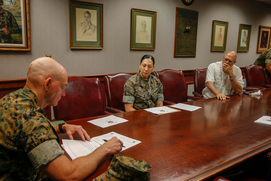 The 19th Sergeant Major of the Marine Corps, Troy E. Black, meets with leadership with the Lejeune Leadership Institute (LLI) at Marine Corps Base Quantico, Va, June 15, 2020. The Sergeant Major of the Marine Corps conducted the visit to receive updates on LLI’s mission to develop leadership training, education and policies in order to facilitate the development of ethical leaders firmly rooted in Marine Corps heritage of selfless service, core values, and warfighting excellence. (U.S. Marine Corps photo by Sgt. Victoria Ross)