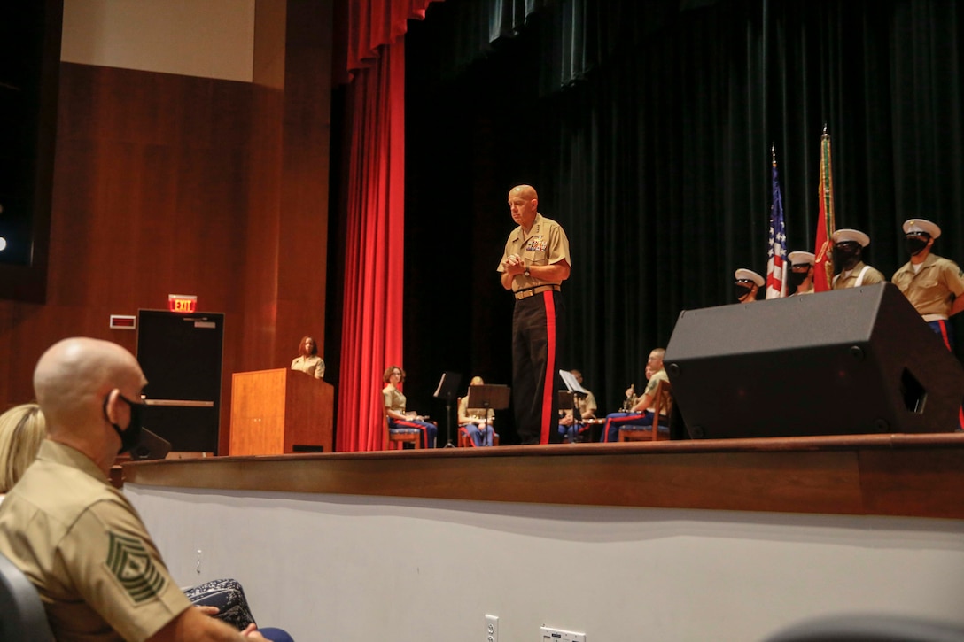 The Commandant of the Marine Corps, General David H. Berger addresses the crowd during Marine Corps Recruiting Command (MCRC) change of command ceremony at Marine Corps Base Quantico, V.A., July 17, 2020. Major General James W. Bierman relinquished command to the new MCRC Commander, Brigadier General Jason Q. Bohm. The traditions exhibited in the ceremony represent the passing of authority from one commander to another. (U.S. Marine Corps photo by Sgt. Victoria Ross)