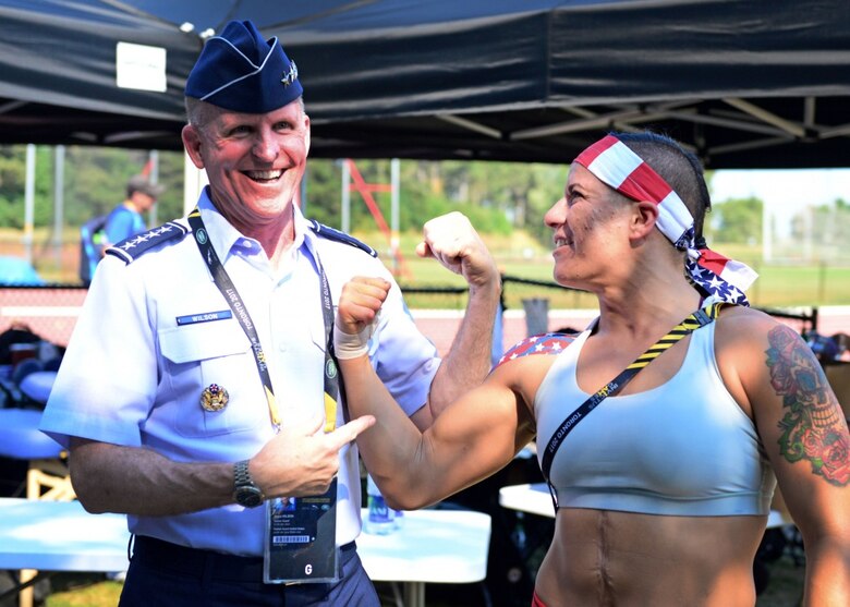 Air Force Vice Chief of Staff Gen. Stephen W. Wilson interacts with members of Team United States Sept. 24, 2017, at the York Lions Stadium in Toronto, Canada. More than 550 wounded, ill and injured servicemen and women from 17 allied nations competed as part of Invictus Games - a multi-national sporting event for wounded, injured and sick servicemen and women. (U.S. Air Force photo by Staff Sgt. Chip Pons)