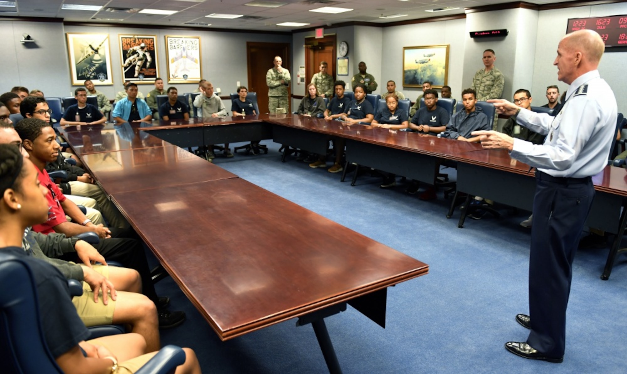 Air Force Vice Chief of Staff Gen. Stephen W. Wilson speaks with trainees from the Aviation Character Education Flight Program, the Pentagon, Arlington, Va., Aug. 1, 2018. The ACE program is a unique mentorship and motivational program for high school students and Air Force cadets. (U.S. Air Force photo by Wayne A. Clark)