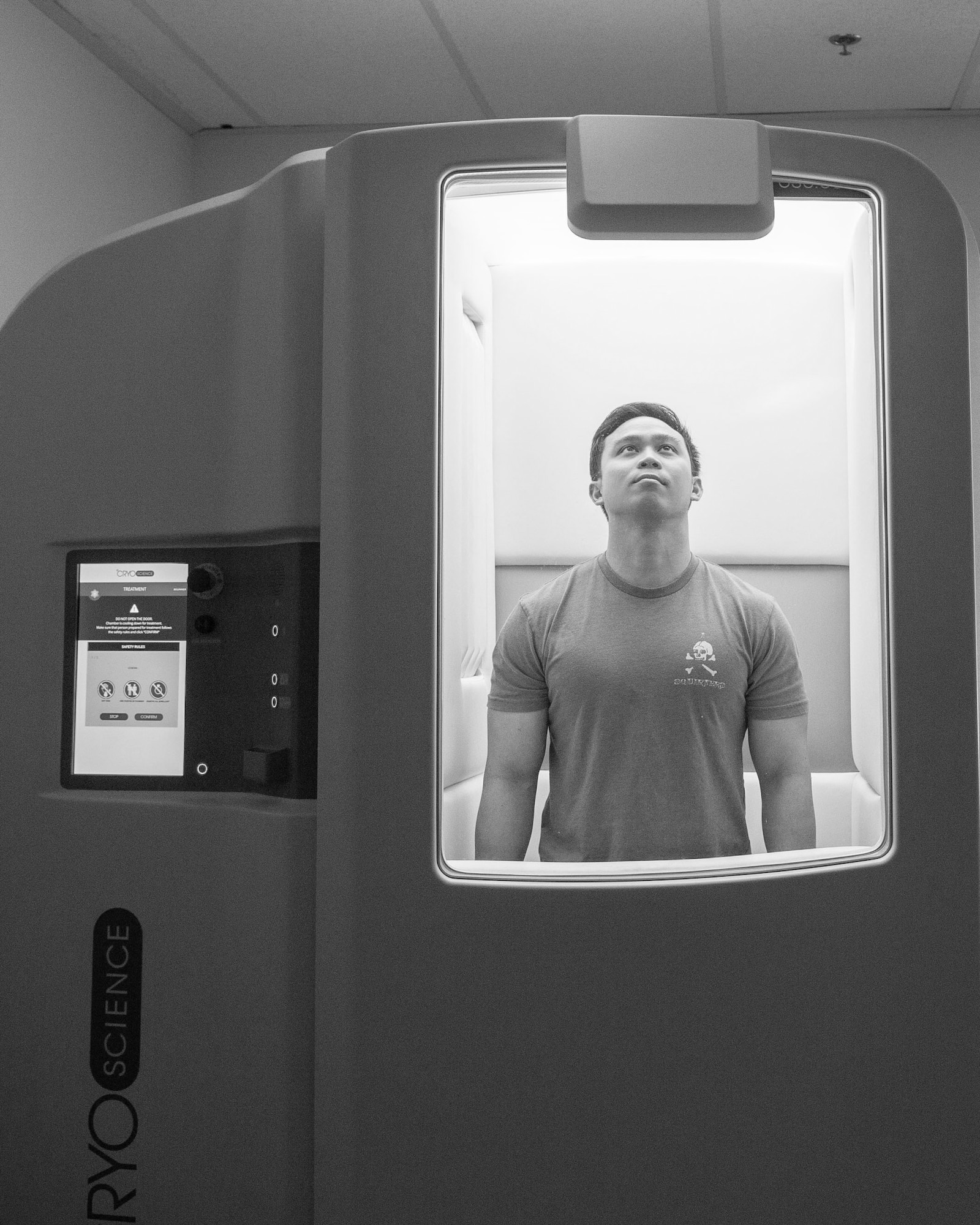 A 5th Air Support Operations Squadron Tactical Air Control Party Airman uses a cryotherapy chamber after a workout at Joint Base Lewis-McChord, Wash., March 3, 2020.