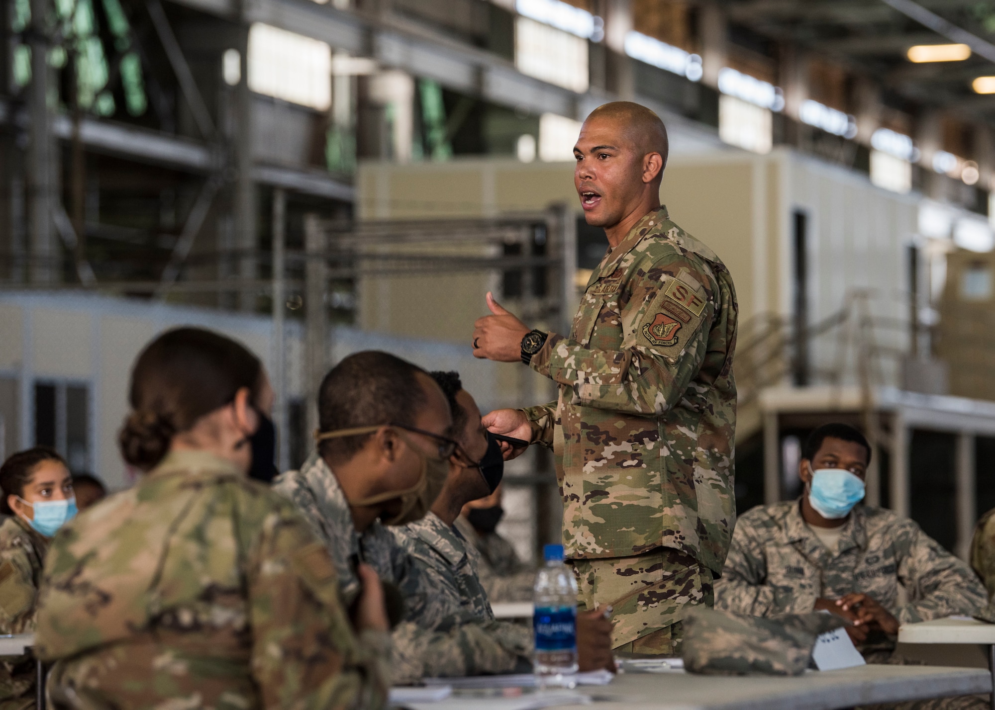 Senior Master Sgt. Christopher Ricks, Pacific Air Forces/A4 Security Forces superintendent, addresses a group of Airmen during a First Term Airman's Center class, Joint Base Pearl Harbor-Hickam, Hawaii, July 24, 2020.
