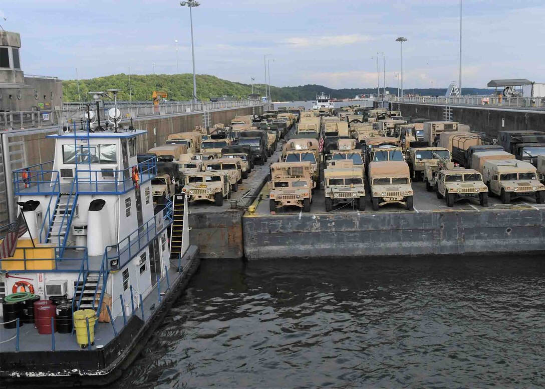 Military Vehicles transit Kentucky Dam