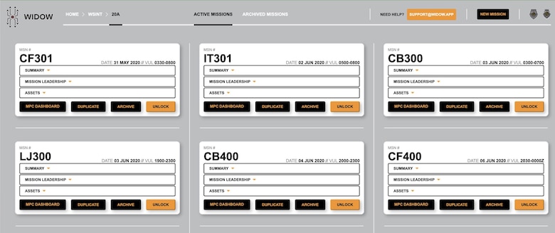 WIDOW, which stands for Web-Based Information Dominant Warfare, is an online mission planning cell tool that digitizes the mission planning process, synchronizes real-time inputs from every user, creates mission products with one-click functionality, and streamlines administrative processes.