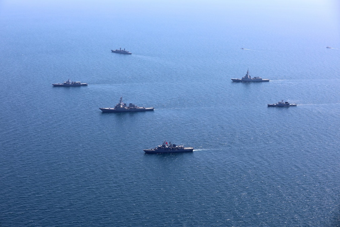 200724-O-NO901-0003 BLACK SEA (July 24, 2020) Ships and aircraft from eight nations sail in formation during a photo exercise while participating in exercise Sea Breeze 2020 in the Black Sea, July 24, 2020. Sea Breeze is an annual U.S.-Ukrainian co-hosted exercise designed to enhance interoperability between participating nations and strengthen regional security. (Photo courtesy of Ukraine Navy)