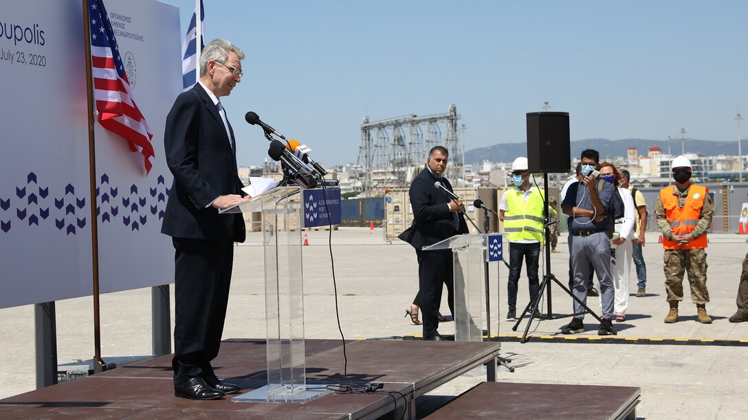 U.S. Ambassador Geoffrey Pyatt and Greek Minister of Defense Niko Panagiotopoulos visit the Port of Alexandroupoli, Greece