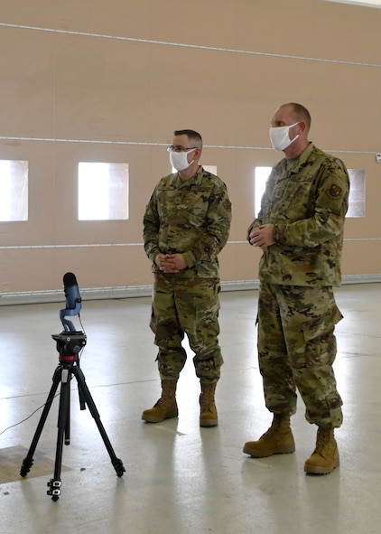 Master Sgt. Bob Oleksak, 104th Maintenance Group fabrication Element supervisor, and Master Sgt. Leo Burbee, 104th Maintenance Group structural maintenance supervisor, present their idea for a new cold work aircraft panel repair method via televideo conference June 12, 2020, at Barnes Air National Guard Base, Massachusetts. Oleksak and Burbee presented their idea to the judges as one of the final four teams competing. (U.S. Air National Guard photo by Airman 1st Class Sara Kolinski)