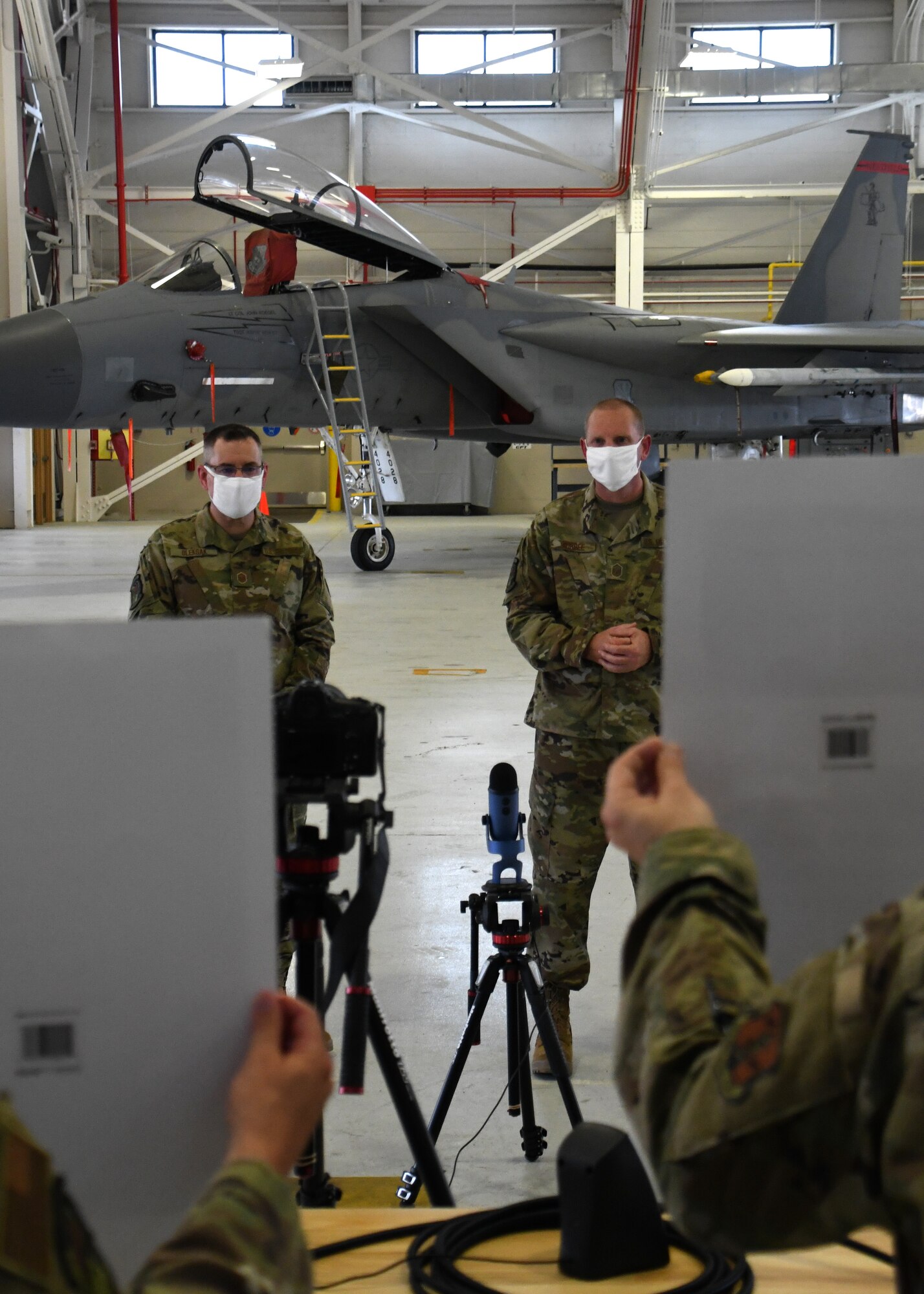 Master Sgt. Bob Oleksak, 104th Maintenance Group fabrication Element supervisor, and Master Sgt. Leo Burbee, 104th Maintenance Group structural maintenance supervisor, present their idea for a new cold work aircraft panel repair method via televideo conference June 12, 2020, at Barnes Air National Guard Base, Massachusetts. Oleksak and Burbee presented their idea to the judges as one of the final four teams competing. (U.S. Air National Guard photo by Airman 1st Class Sara Kolinski)