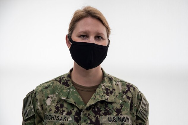 U.S. Navy Lt. Cmdr. Stefani Mochisaki stands for a photo inside the COVID response cell office at Camp Foster, Okinawa, Japan, July 24.