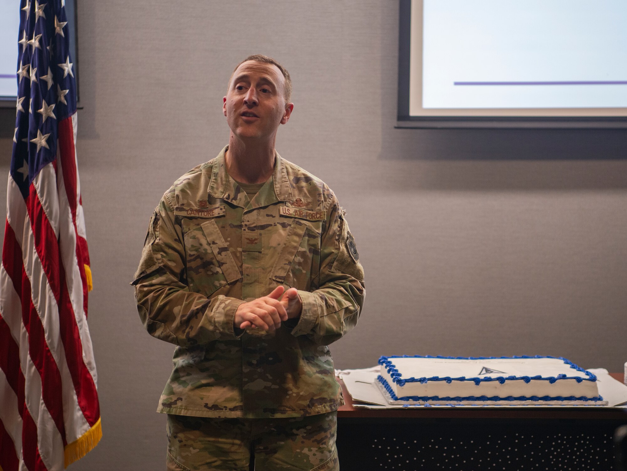 PETERSON AIR FORCE BASE, Colo. – Col. Matthew Cantore, Space Delta 2 commander, gives a short speech during a post-activation ceremony, to honor those Airmen whose work supported the Delta stand up on Friday, July 24, 2020. (U.S. Air Force photo by A1C Alexus Wilcox)