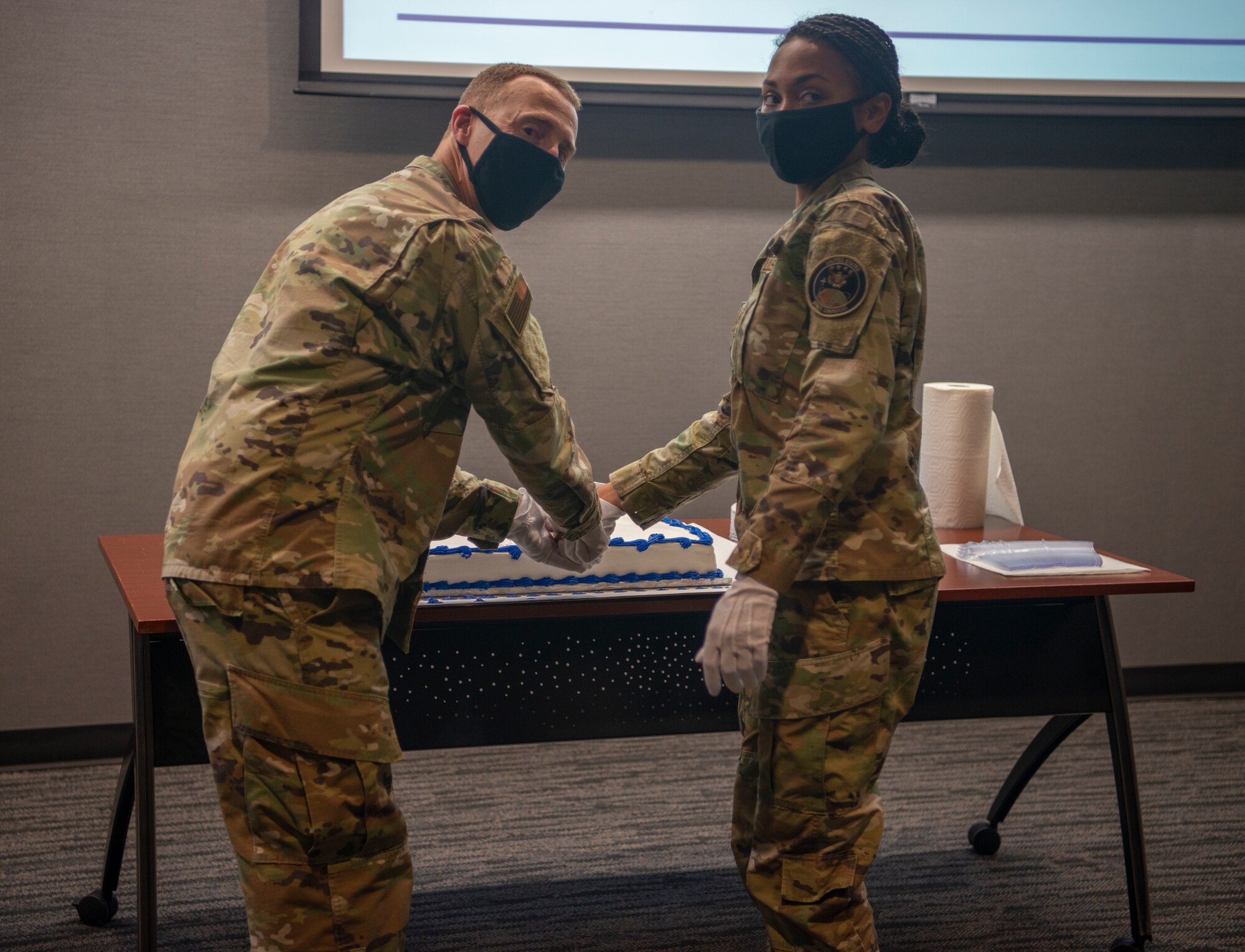 PETERSON AIR FORCE BASE, Colo. – To celebrate the instrumental work of the Airmen who supported the standing up of Space Delta 2, Col. Matthew Cantore, Space Delta 2 commander, led a small post-activation ceremony, featuring cake. (U.S. Air Force photo by A1C Alexus Wilcox)