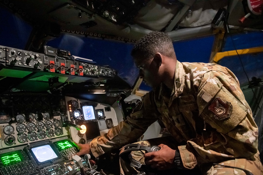 1st Lt. John Lewis Elliot, 909th Aerial Refueling Squadron KC-135 Stratotanker pilot, conducts a pre-flight checklist prior to a Bomber Task Force (BTF) mission, July 27, 2020 at Kadena Air Base, Japan. The 909th ARS maintains around-the-clock readiness in order to support the BTF as well as any other U.S. Indo-Pacific Command flying units, enabling joint and allied partners to maintain continuous peace and security operations throughout the region. (U.S. Air Force photo by Staff Sgt. Peter Ref