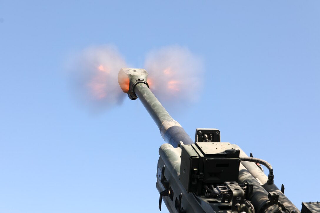 U.S. Marines with 5th Battalion, 14th Marine Regiment, fire a round during battalion phase on Camp Pendleton, Calif., July 18, 2020. Marines of 5/14 remain committed to ensuring unit readiness for whenever the call comes to go, fight, and win our nation’s battles. (U.S. Marine Corps photo by Cpl. Ronald L. Parker II)
