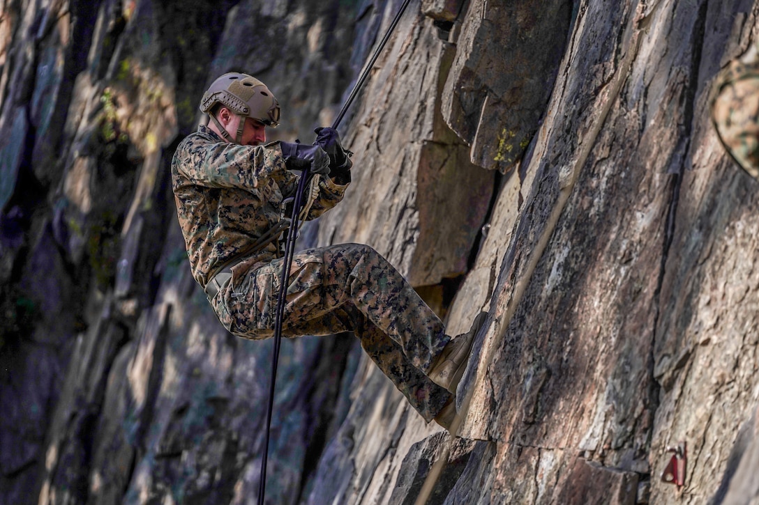 A Marine with Echo Company, 4th Reconnaissance Battalion, 4th Marine Division rappels down a rock face during a guided training course aboard Marine Corps Mountain Warfare Training Center, Bridgeport, Calif., July 24, 2020. MCMWTC offers a unique training experience for the Marines with 4th Recon to prepare and develop an understanding of traversing a mountainous environment as they maintain their readiness to fight in any clime and place. (U.S. Marine Corps photo by Sgt. Conner Downey)