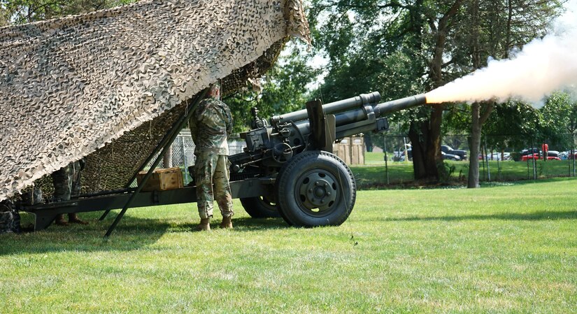 Lt. Col. William G. Start, outgoing commander of the 1st Battalion, 109th Field Artillery Regiment, pulls the cord on the M101A1 howitzer during the battalion's change of command ceremony on July 19, 2020, in Wilkes-Barre, Pa. As a final gesture in recognition of Start's service to the field artillery and 1/109th FA, he had the distinct honor and privilege of firing a final round from the 1/109th FA's ceremonial cannon. (U.S. Army photo by Sgt. 1st Class Matthew Keeler).