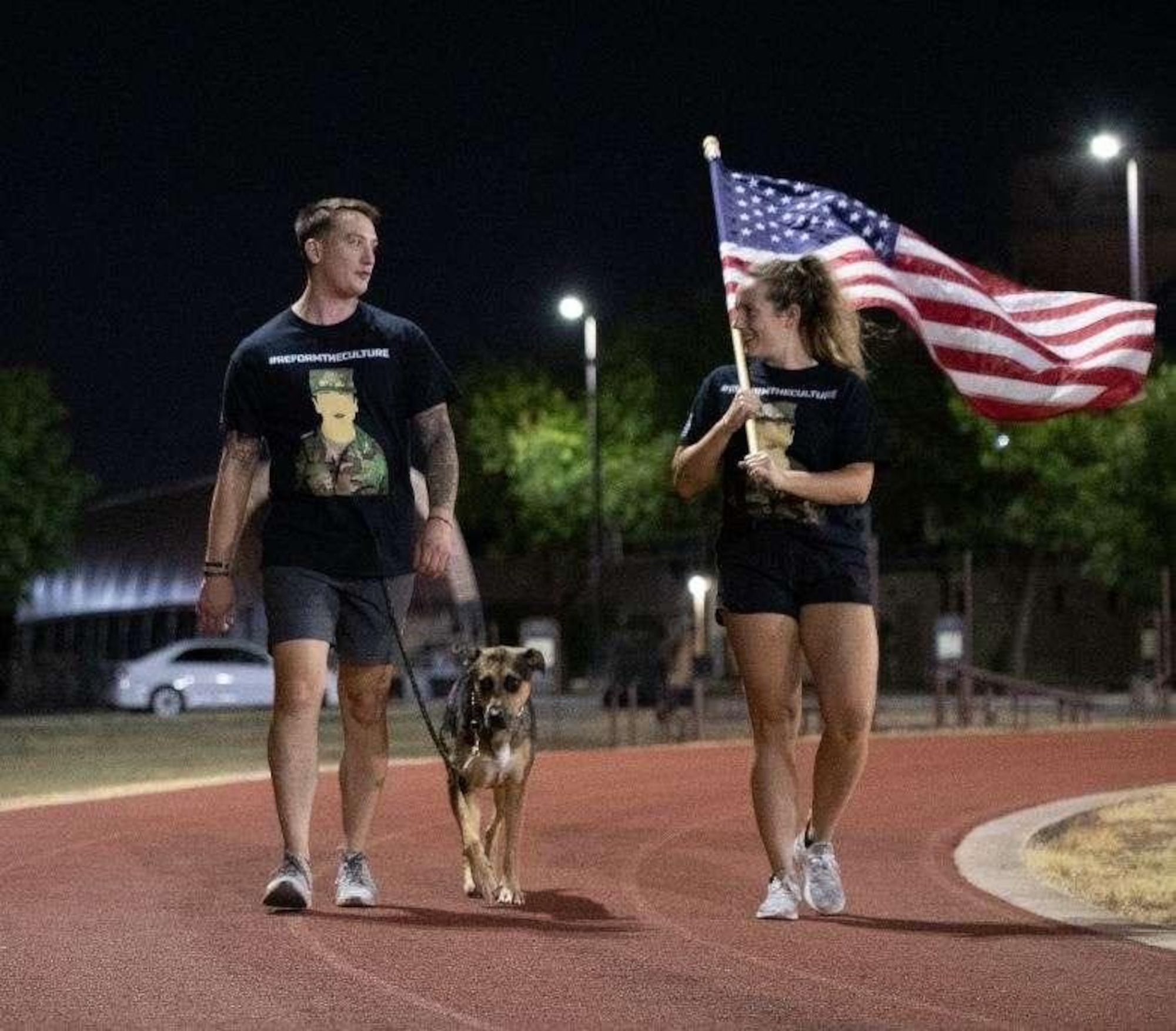 Participants walk the Warhawk Fitness Center track in shifts during a 37th Training Wing hosted 24-hour walk honoring fallen U.S. Army SPC Vanessa Guillen, 25-26 July, 2020. The event was a way for community participants to make a stand against injustice and reiterate the DoD's zero tolerance of sexual misconduct and interpersonal violence.