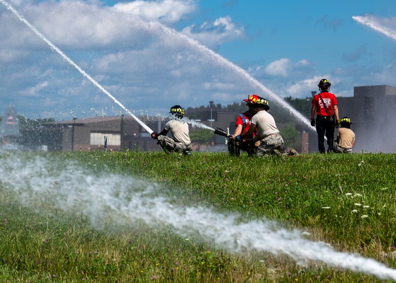 Firefighters assigned to the 910th Fire Department conduct Seasonal Training requirements, July 24, 2020, on the flightline at Youngstown Air Reserve Station. Airmen from the station were completing pump operation training for ST requirements. ST is a program where Airmen raise their skill level from apprentice to a journeyman.