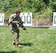 A Soldier from Bravo Company, 1st Battalion, 109th Infantry Regiment conducts movement to the right before engaging his target during short-range marksmanship training at Fort Indiantown Gap, Pa., on July 21, 2020. During the SRM training, the Soldiers were tested in engaging a target with two rapid shots from different distances, kneeling, standing, moving toward a target and more. (U.S. Army photo by Sgt. 1st Class Matthew Keeler)