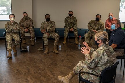 Brig. Gen. Caroline Miller, 502d and JBSA wing commander, and Command Chief Master Sgt. Wendell Snider met with a group of Airmen and civilian employees to discuss "Unconscious Bias" during the command's Tough Conversation Roundtable July 21, 2020 at Joint Base San Antonio-Lackland, Texas.