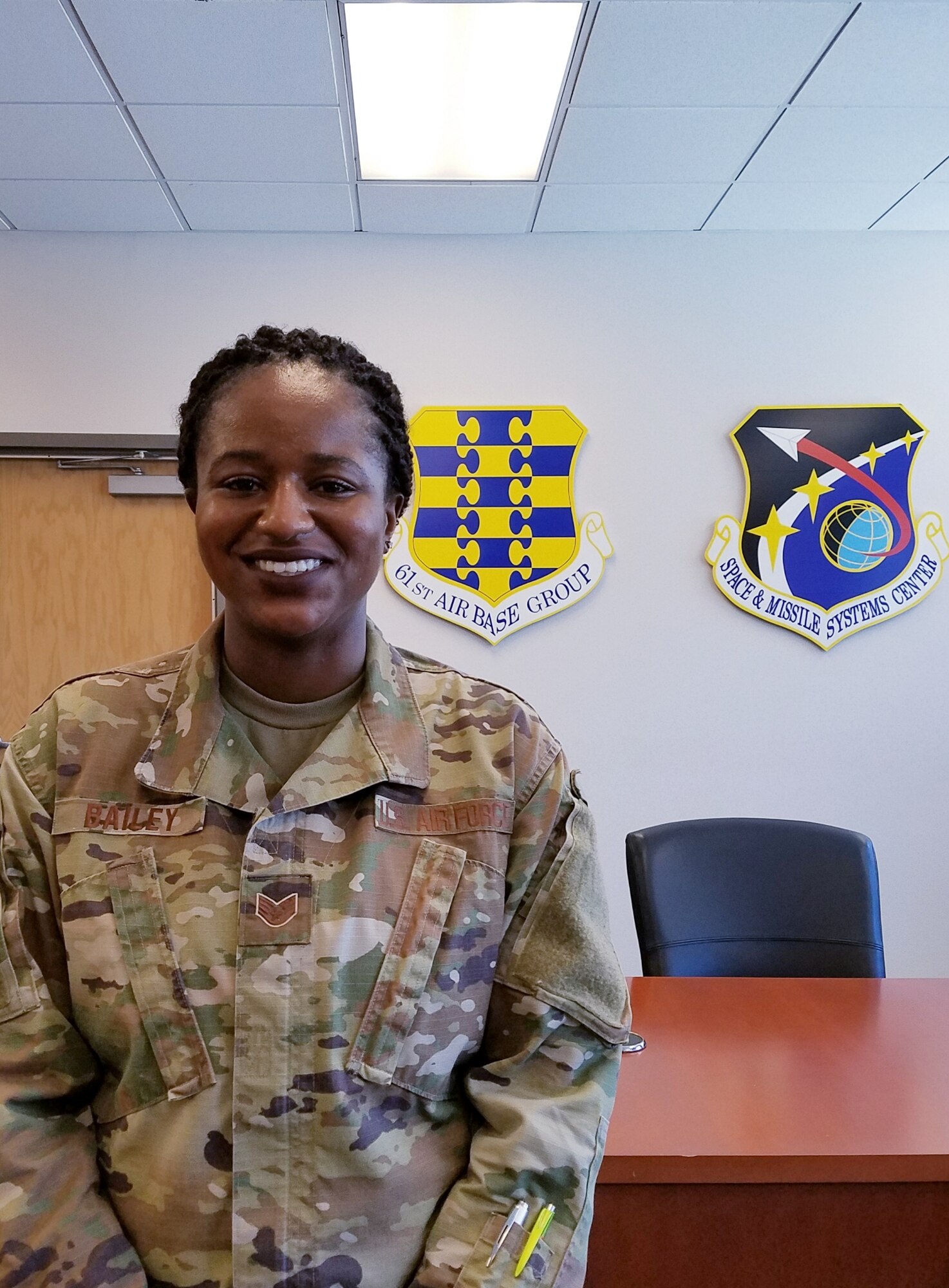 U.S. Air Force Staff Sgt. Angelynn Bailey, 61st Communications Squadron Knowledge Manager currently serves as the SMC Commanders Action Group NCOIC under the Enlisted Developmental Duty Positions (EDDP) program at Los Angeles Air Force Base, Calif., July 10, 2020.  The EDDP program is a 61st Air Base Group initiative that grants the opportunity for enlisted Airmen to gain experience outside of their normal career field and duties, while supporting the overall Space and Missile Systems Center (SMC) mission.  (U.S. Air Force photo by Staff Sgt. Randy Duffy)