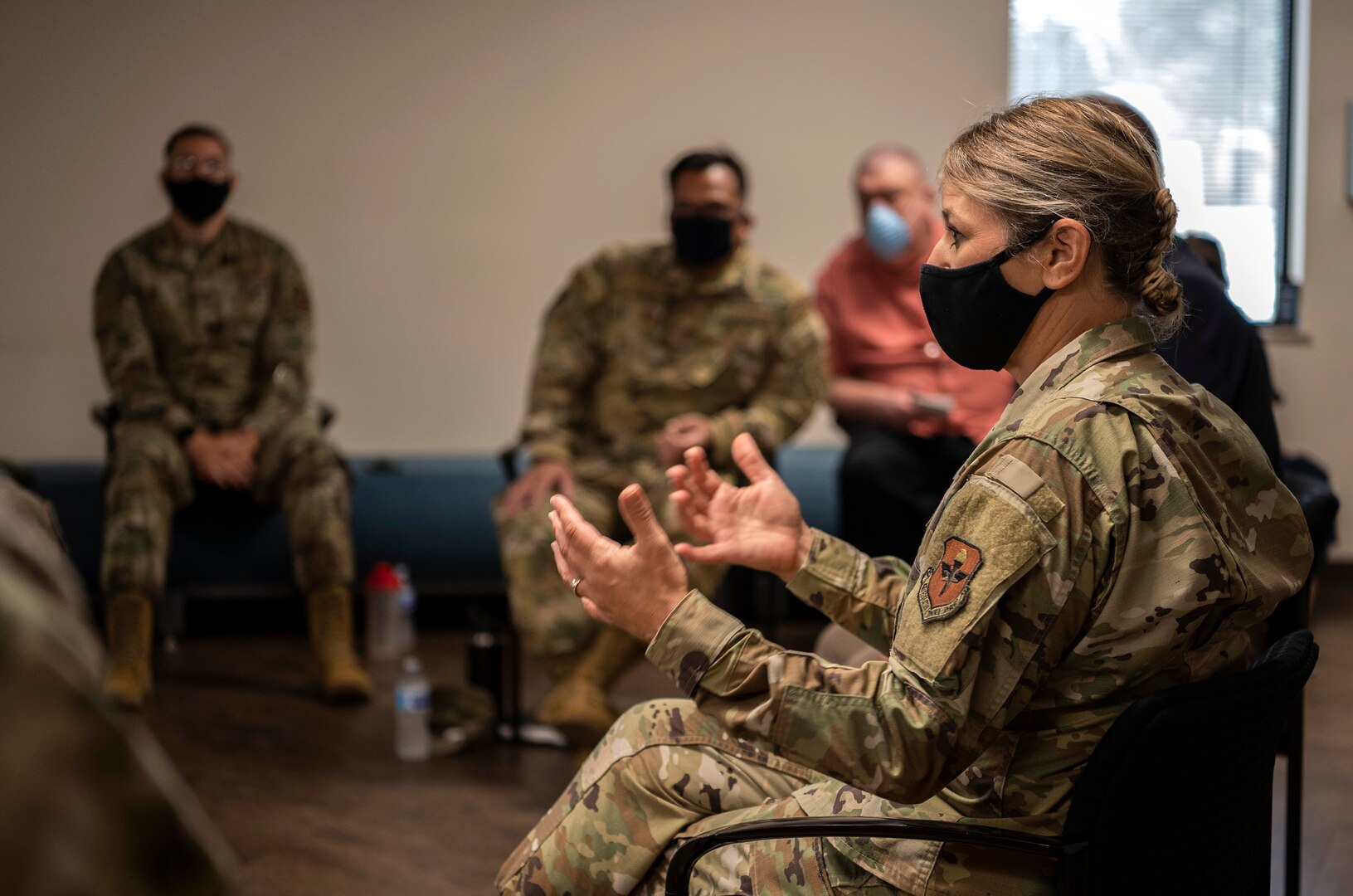 Brig. Gen. Caroline Miller, 502d and JBSA wing commander, and Command Chief Master Sgt. Wendell Snider met with a group of Airmen and civilian employees to discuss "Unconscious Bias" during the command's Tough Conversation Roundtable July 21, 2020 at Joint Base San Antonio-Lackland, Texas. The Tough Conversation Roundtables foster an open and candid dialogue between 502d senior leaders and Joint Base San Antonio service members and civilians of all ranks and backgrounds about various topics that impact the Air Force and DoD.