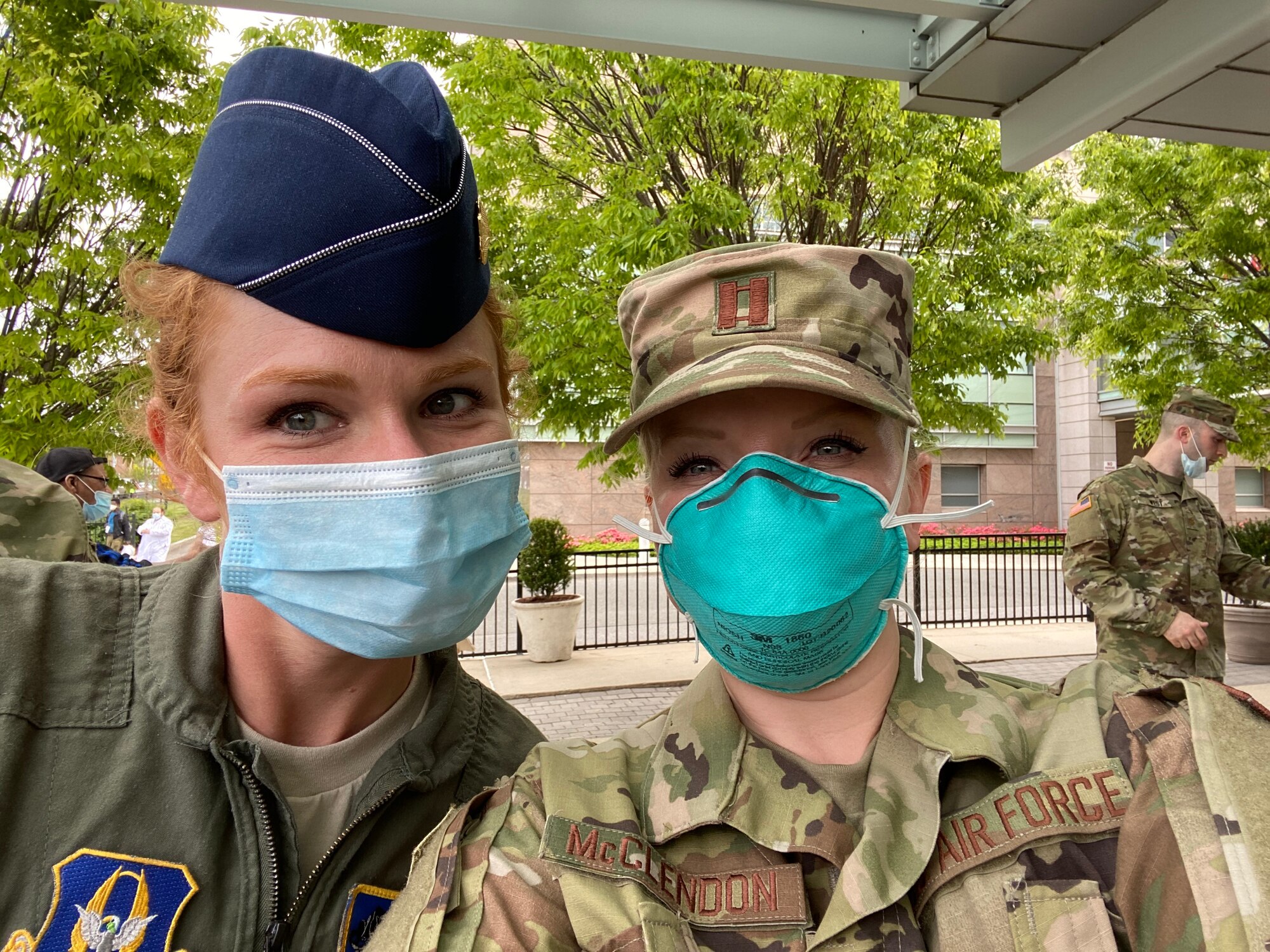 Maj. Carrie Gaddy and Capt. Melinda McClendon pose for a photo together while deployed to a hospital in Queens Hospital in New York as a nurse in support of COVID-19.
