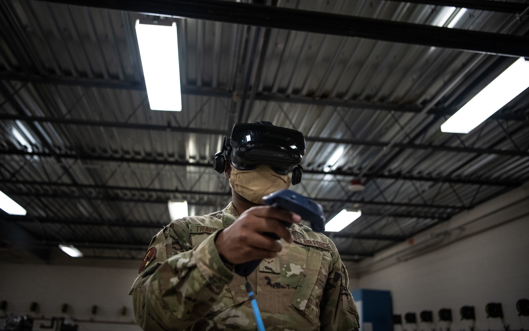 Airman 1st Class Delwyn Travillion, 56th Component Maintenance Squadron aircrew egress systems apprentice, trains on a virtual reality maintenance trainer July 13, 2020, at Luke Air Force Base, Ariz. The Egress Systems Flight implemented the virtual reality maintenance trainer to enhance training efficiency and reduce training time. The 56th Fighter Wing’s mission is to train the world’s greatest fighter pilots and combat ready Airmen. (U.S. Air Force photo by Airman 1st Class Dominic Tyler)