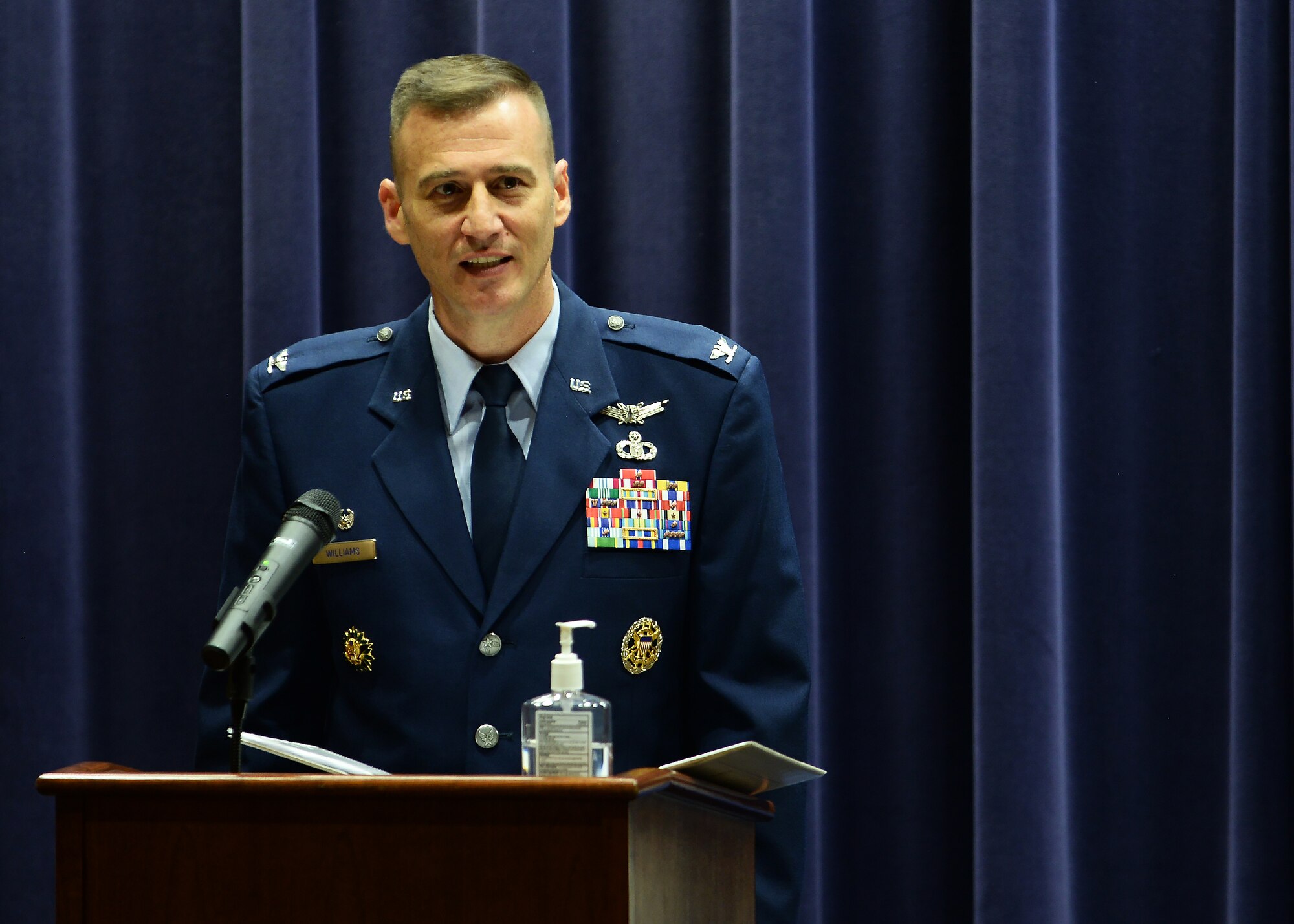 Col. Patrick Williams, 557th Weather Wing commander, officiated the socially-distanced 1st Weather Group change of command ceremony on July 24, 2020 in the Chief Master Sgt. Peter Moore auditorium at Offutt Air Force Base, Nebraska.
