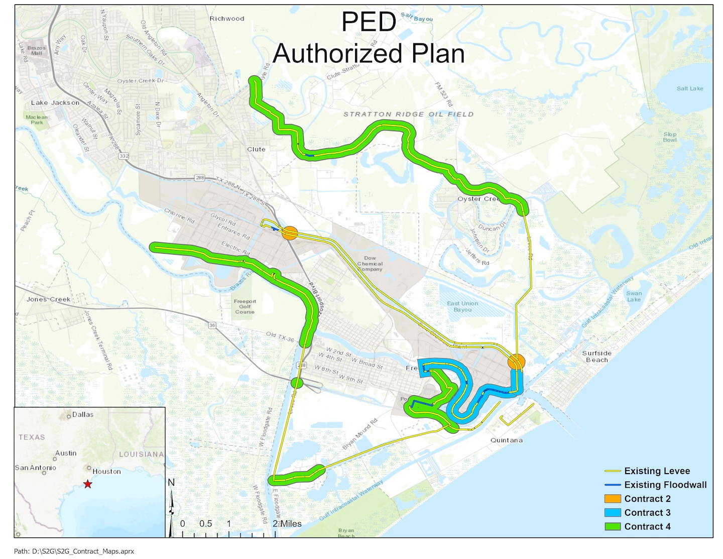 The map shows the 3 proposed Construction Contracts for The Freeport and Vicinity CSRM project. 

Contract 2 (Orange) proposed Sector Gate at the Dow Barge Canal.

Contract 3 (Blue) replacement of floodwalls and levee improvements at Old River North and Old River South.

Contract 4 (Green) replacement of floodwalls and levee improvements