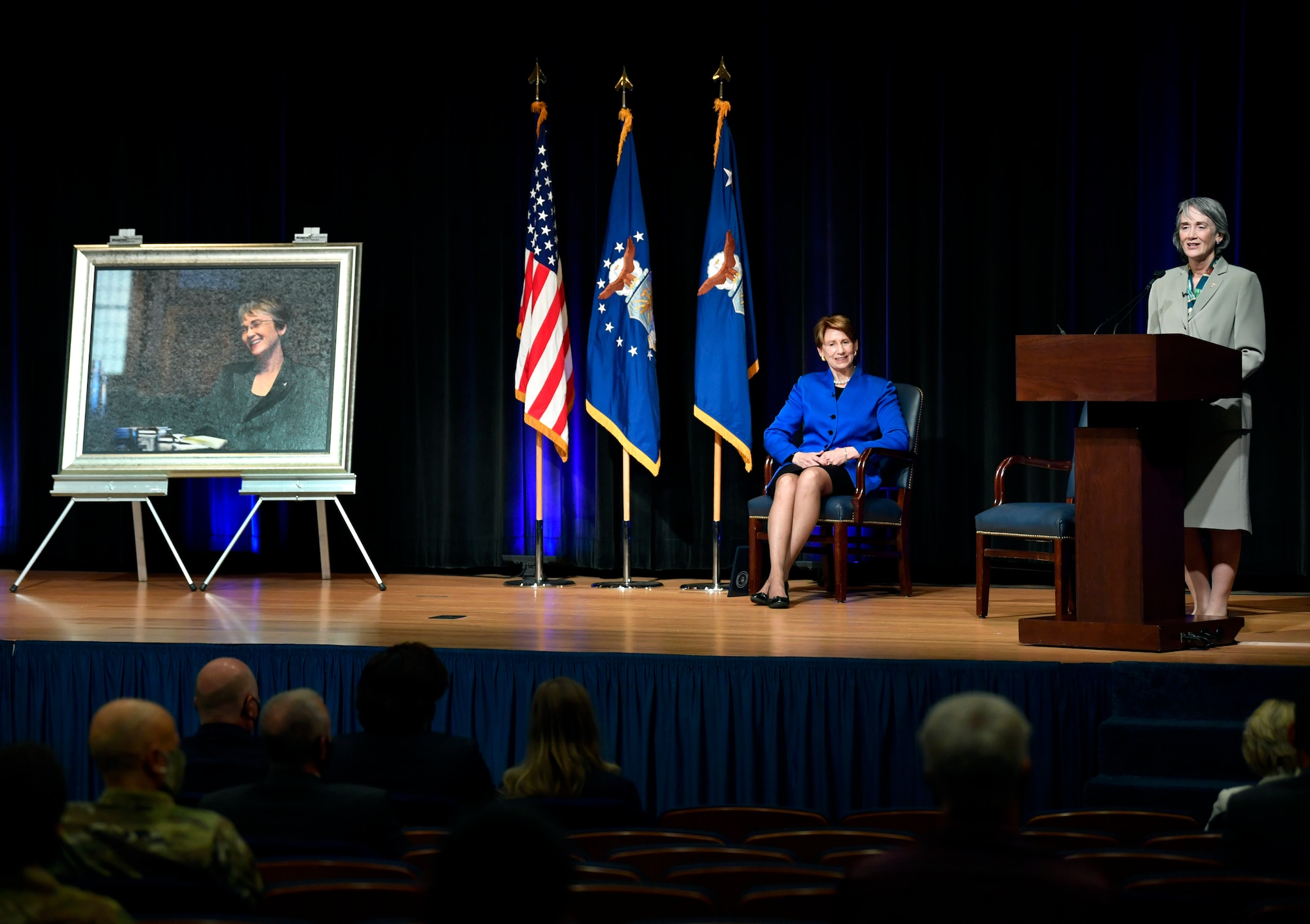 Former Secretary of the Air Force Dr. Heather Wilson speaks during the official portrait unveiling ceremony in the Pentagon, Arlington, Va., July 28, 2020. (U.S. Air Force photo by Wayne Clark)
