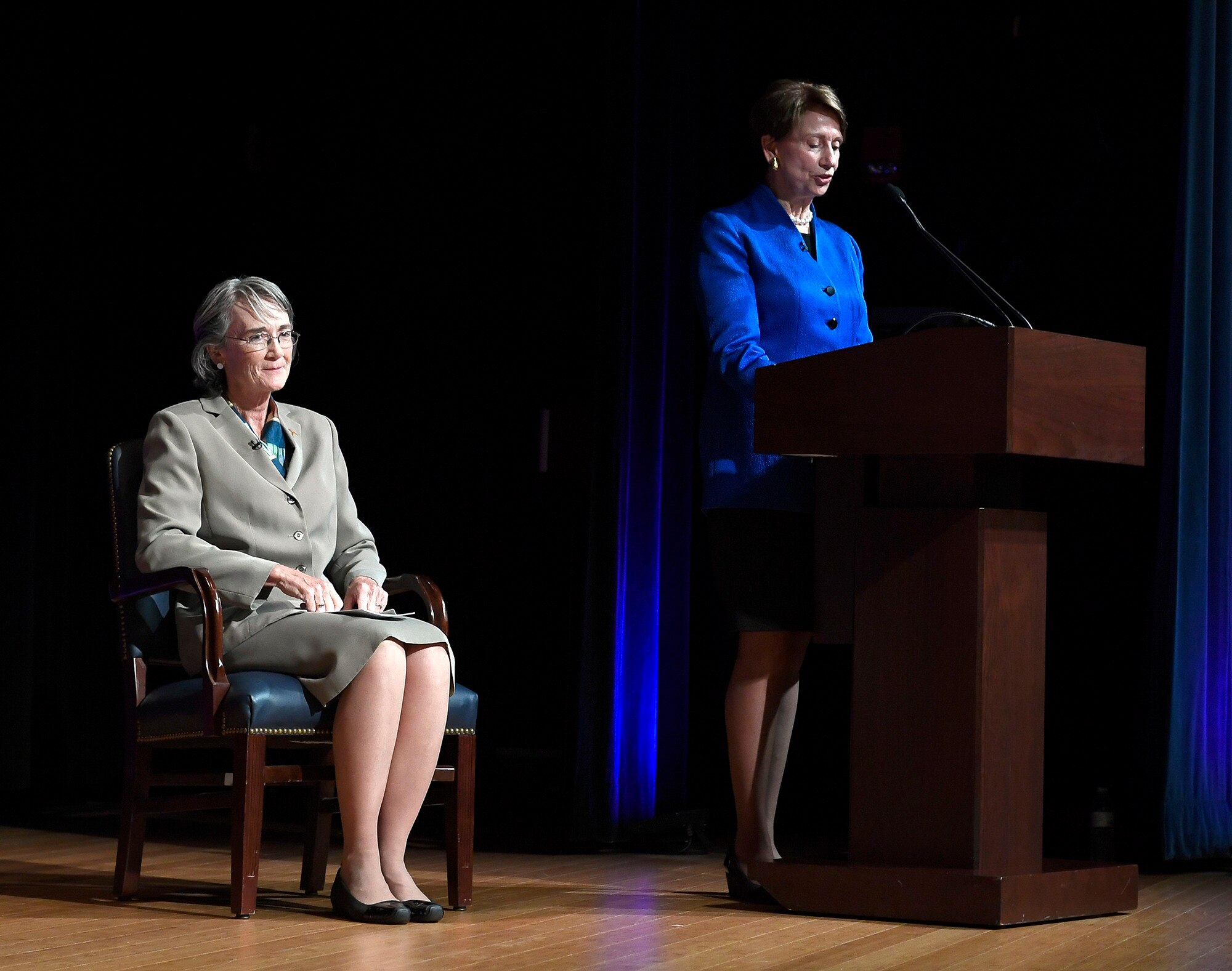 Secretary of theAir Force Barbara Barrett speaks during the ceremony to unveil the official portrait of former Secretary Heather Wilson in the Pentagon in Arlington, Va., July 28, 2020. (Air Force Photo by Andy Morataya)