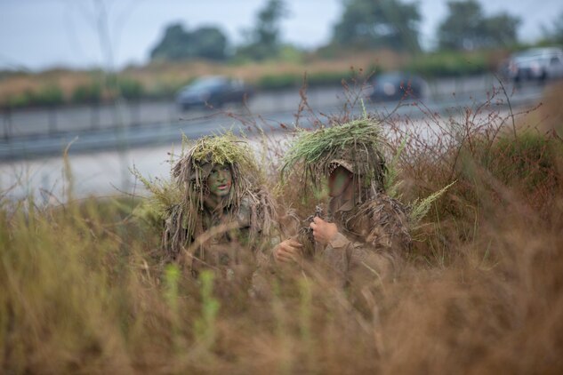U.S. Marines work to conceal themselves during an exercise in the Romeo Training Area on Marine Corps Base Camp Pendleton, Calif., July 27.