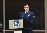 Staff Sgt. William Chorpenning, 4th Space Operations Squadron training manager and guest speaker for the event, addresses the audience during the Community College of the Air Force graduation ceremony July 27, 2020. Chorpenning spoke about what CCAF degrees symbolize and the importance of the achievement. (U.S. Air Force photo by Dennis Rogers)