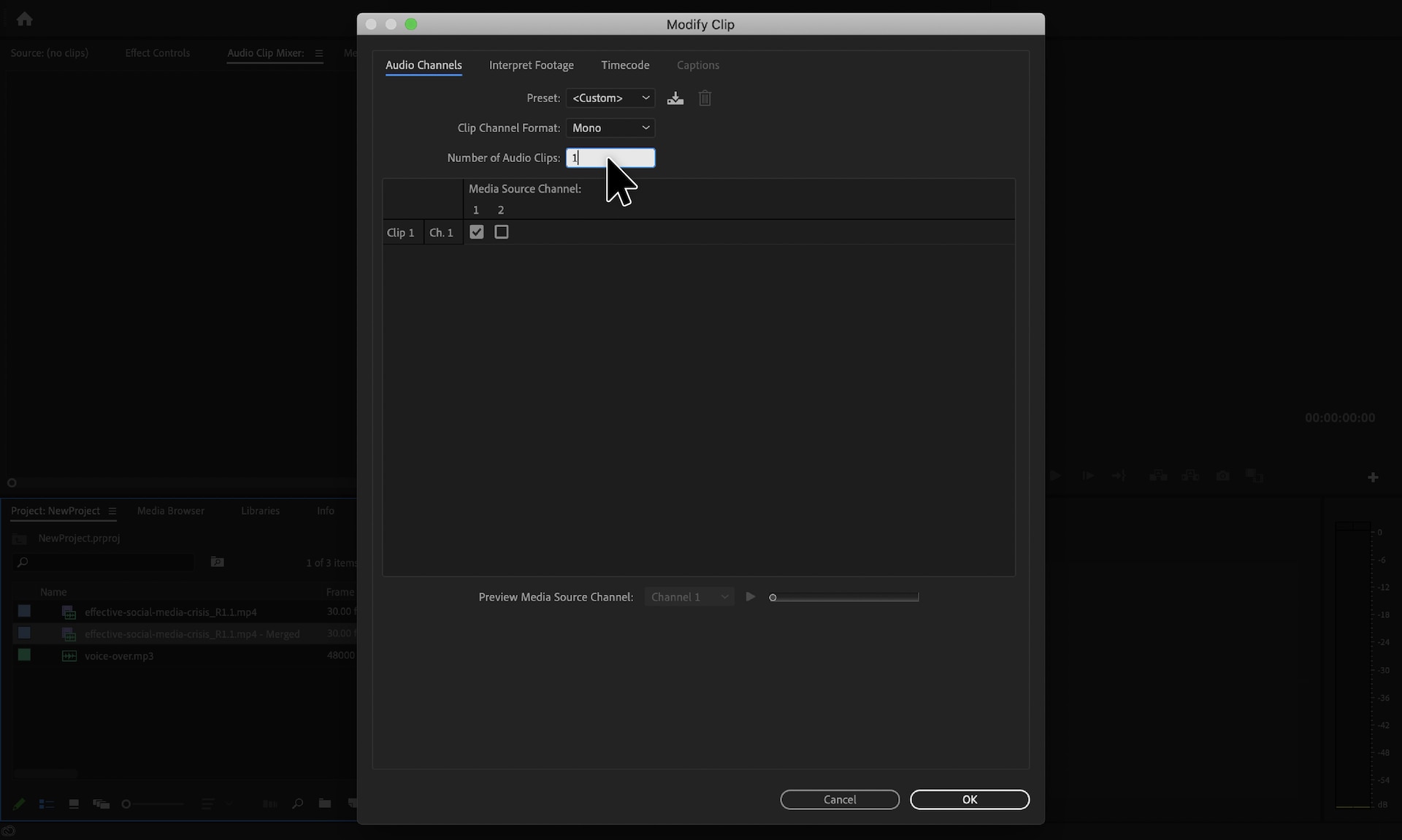 Change the number of audio clips within the Modify Clip dialog box within Adobe Premier Pro.