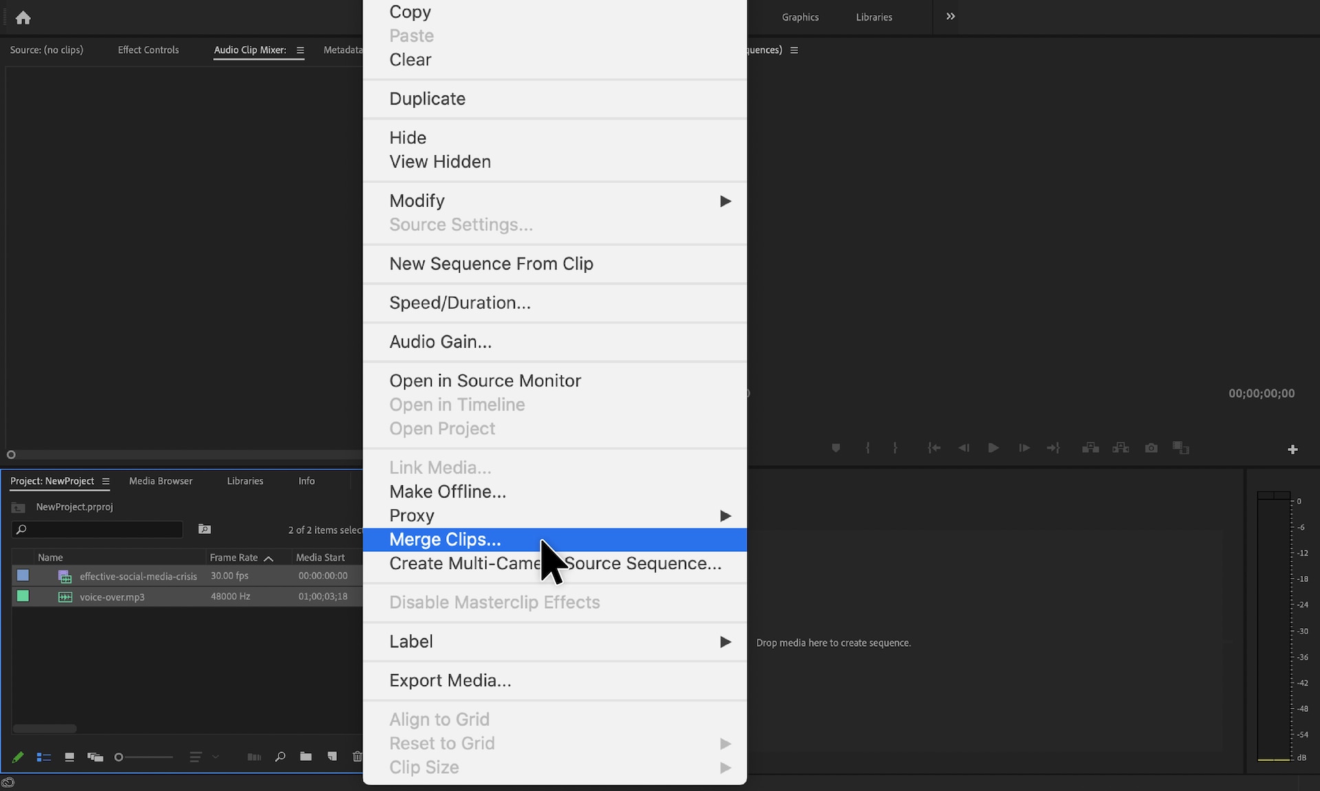 Select the Merge Clips menu option within Adobe Premier Pro.