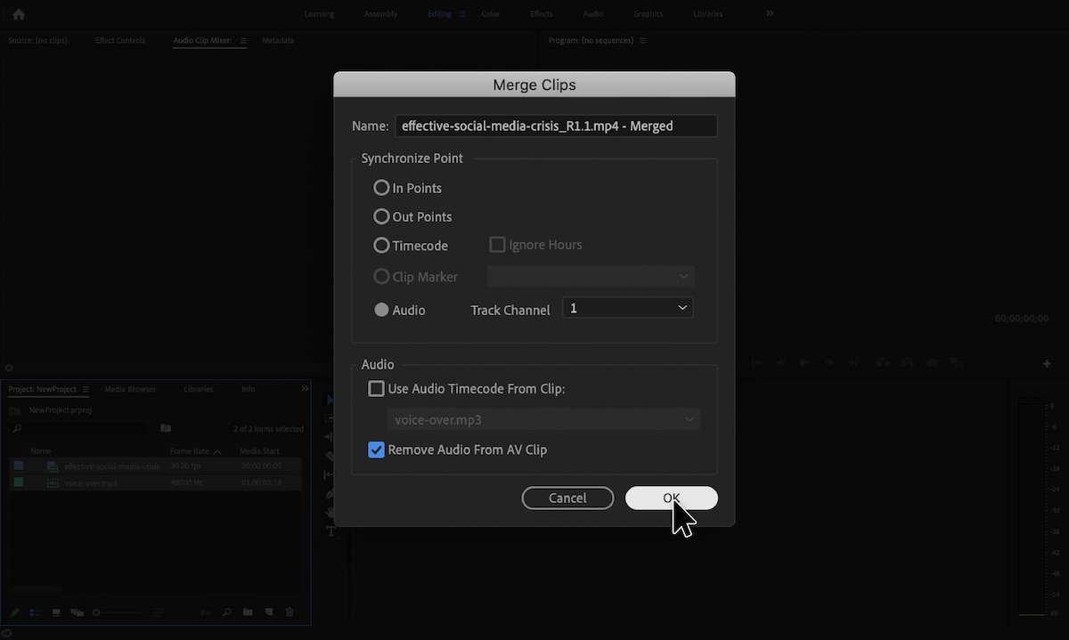 Select the video and audio clips to be merged in Adobe Premier Pro.