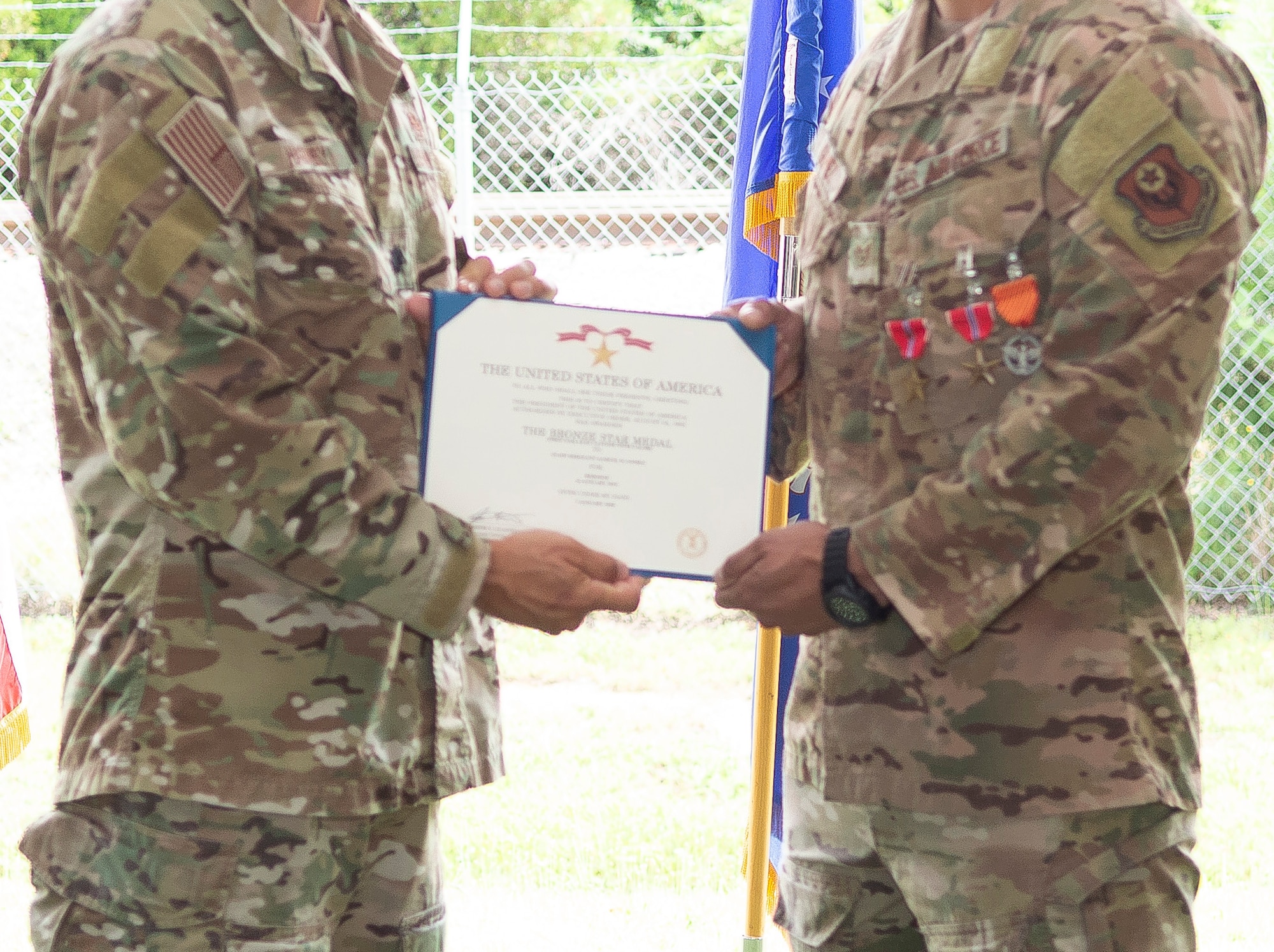 A Bronze Star Medal is presented to an Air Force Special Tactics operator from the 21st Special Tactics Squadron assigned to Pope Field, North Carolina.