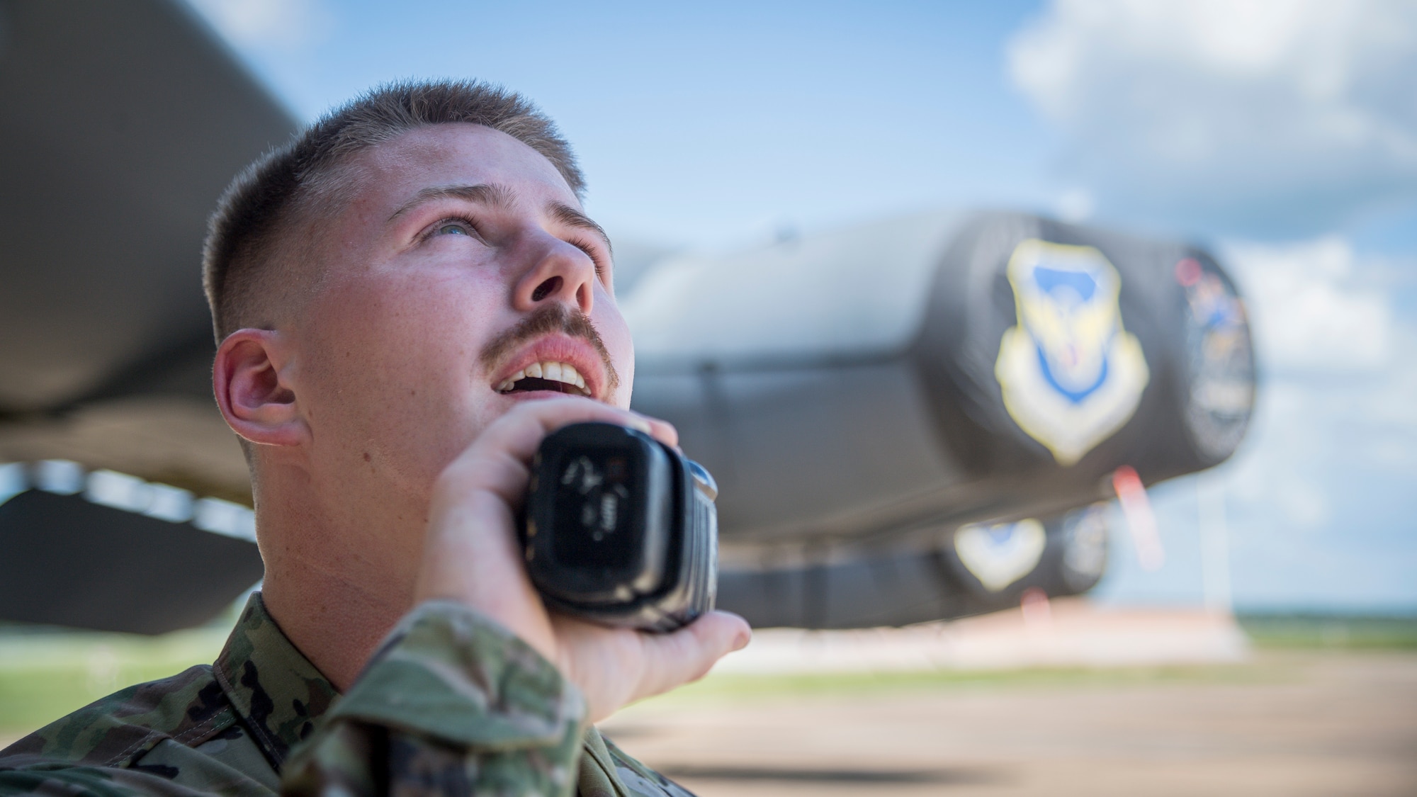 Senior Airman Kaid Hackler, 96th Aircraft Maintenance Unit aerospace propulsion journeyman, calls the tower on a B-52H Stratofortress before an engine run at Barksdale Air Force Base, La., July 23, 2020.