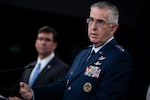 Secretary of Defense, Dr. Mark T. Esper, Vice Chairman of the Joint Chiefs of Staff Air Force Gen. John E. Hyten, and Air Force Gen. Tod D. Wolters, commander, U.S. European Command, brief the media on the European Strategic Force Posture Review, July 29, 2020. (DoD Photo by Chad J. McNeeley)