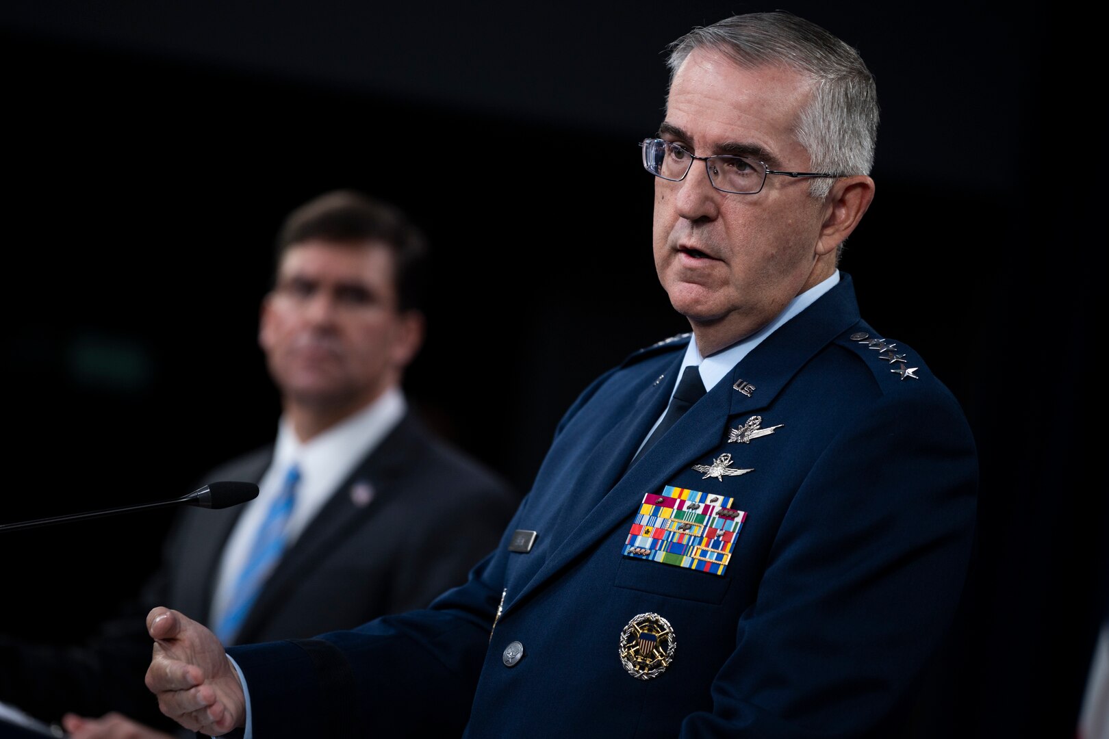 Secretary of Defense, Dr. Mark T. Esper, Vice Chairman of the Joint Chiefs of Staff Air Force Gen. John E. Hyten, and Air Force Gen. Tod D. Wolters, commander, U.S. European Command, brief the media on the European Strategic Force Posture Review, July 29, 2020. (DoD Photo by Chad J. McNeeley)